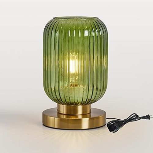 Mid Century Modern Table Lamp: Vintage Green Ribbed Glass Globe Dimmable Plug in Small Bedside Lamps - Cute Brass Gold Side Table Lamp Nightstand Light for Bedroom Entryway Office Desk Living Room