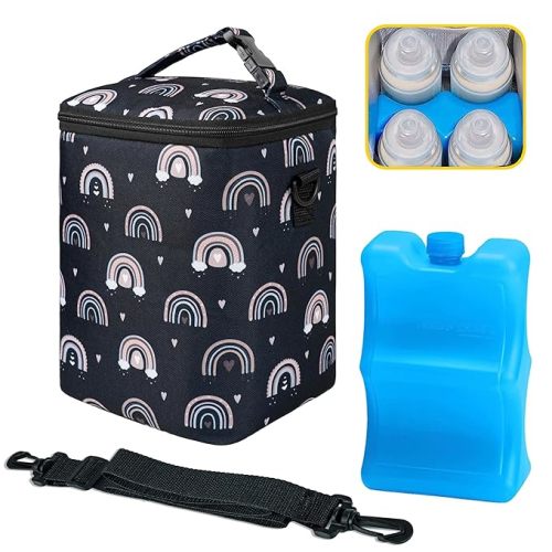 Breastmilk Cooler Bag with Ice Pack Fits 4 Baby Bottles Up to 9 Ounce Insulated Baby Bottle Bag Breast Milk Cooler on the Go with Strap Fits Medela/Dr.Brown's for Nursing Mom Daycare, Work or Travel