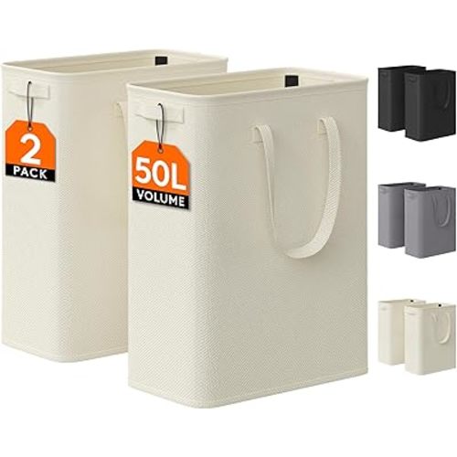 Lifewit 2 Pack Slim Laundry Hamper, Collapsible Narrow Laundry Basket, Small Tall Dirty Clothes Hampers with Handles for Bathroom Bedroom College Dorm, White, 50L