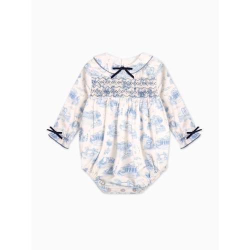 12m - Blue Toile De Jouy Sabrina Baby Girl Smocked Romper