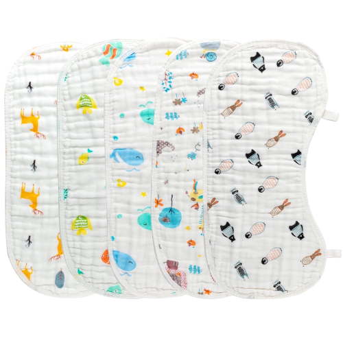 Belanttega 5Pcs Baby Muslin Burp Cloths Burping Bids for Baby Cotton 6 Layers Extra Absorbent Machine Washable Soft Large Cartoon Face Towels Nursery Gift Gentle for Newborn Girls Boys 9x23inch