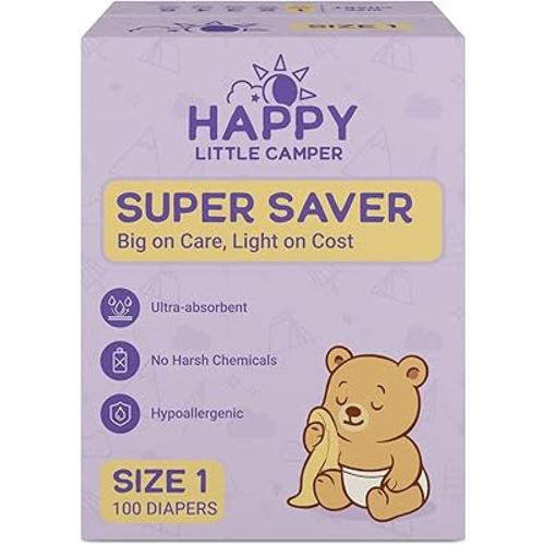 Happy Little Camper Super Saver Diapers, Size 1, 100 Count | Budget-Friendly Disposable Baby Diapers for Sensitive Skin | Hypoallergenic, Fragrance-Free, Ultra Absorbent