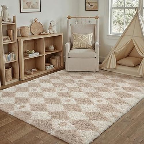PureCozy Checkered Rug 4x6 Fluffy Shag Living Room Beige Area Rug Modern Washable Carpet Soft Shaggy Non Slip Indoor Plush Fuzzy Rugs for Bedroom Dorm Office Home Aesthetic Decor