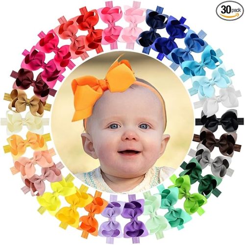 Baby Girls 4.5 Inch Grosgrain Ribbon Boutique Hair Bows Headband, 30 Colors - Fantastic Hair Accessories for Baby Girls, Infants, Toddlers, Kids, Children & Teens