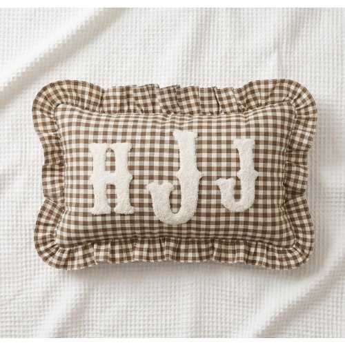 Personalized Monogram Name Pillow: Gingham Ruffle Edge Cushion for Nursery