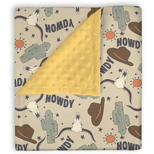 Mink Baby Boy Girl Blanket Western Howdy Cowboy Cowgirl, Boho Cactus Sun Cow Skull Hat Soft Double Layer Dotted Backing Receiving Swaddle, Newborn Infant Toddler Nursery Crib Bedding Shower Gift 30x40
