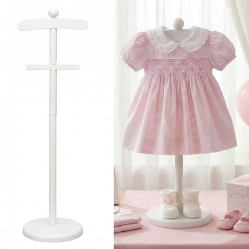 Bucherry 1 Pack Baby Clothes Display Stand Wooden Baby Shower Centerpiece Adjustable Height Circle Shaped Dress Hanger Doll Dress Outfit Stand Rack Hand Assembled Hangers Display Set (White Color)