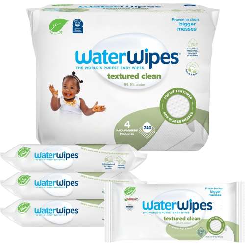WaterWipes Plastic-Free Textured Clean, Toddler & Baby Wipes, 99.9% Water Based Wipes, Unscented & Hypoallergenic for Sensitive Skin, 240 Count (4 packs), Packaging May Vary