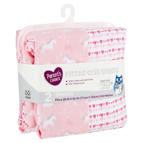 Parent's Choice 100% Cotton Fitted Crib Sheets, Unicorn, Pink, 2-Pack