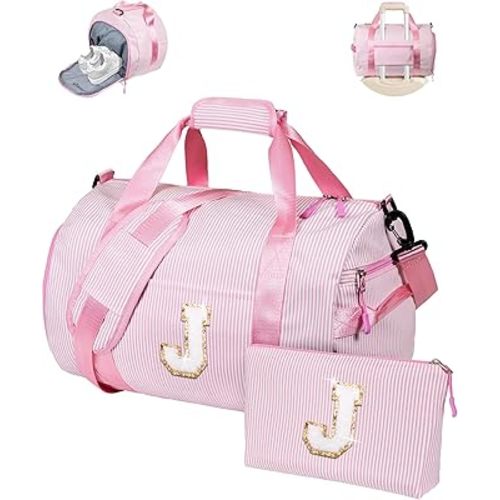 Gifts for Teenage Girl, Girls Travel Duffle Bag, Kids Initial Overnight Bags with Shoe Compartment, Personalized Weekender Bag with Makeup Pouch, Sweet 16 Gifts for Girls (Letter J)
