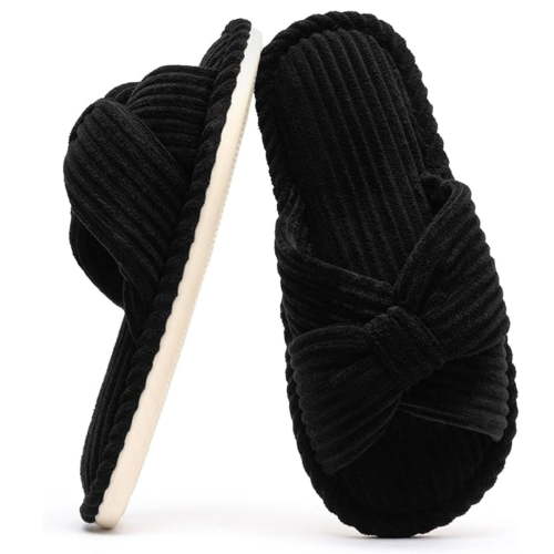 BERANMEY Comfy Slippers for Women Memory Foam House Bedroom Shoes Corduroy Bow Crossbands Slide Slipper Shoes Open Toe Slip On Sole Slippers SoftTrendy Gift Slippers