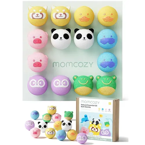 Momcozy Essential Oil Bath Bombs,14 Pcs Bubble Bath Fizzy Balls with 7 Cute Animal Shapes,Bath Bombs Gift Set for Kids Girls Boys Toddler, Ideal Gift for Children's Day, Bath Bomb Kit