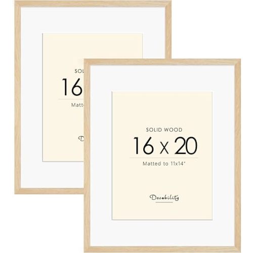 16x20 Solid Wood Picture Frame, Natural Wood Poster Frame with Paper Mat, Display Picture 11x14 with Mat, 16x20 without mat, Set of 2 Oak wood grain Picture Frame