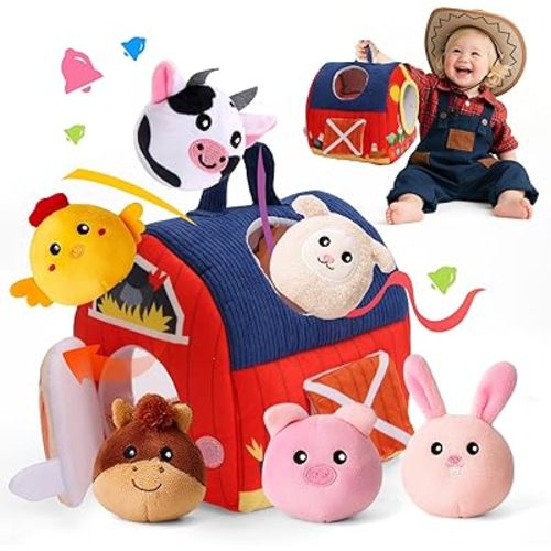 Baby Toys 6-12 Months, Surprise Barn with Stuffed Farm Animals 6Pcs, Rattle, Crinkle, Mirror, Montessori Sensory Toys for 1-3 Year Old Boys Girls, Ideal Gifts for Babies Toddlers Birthday Christmas