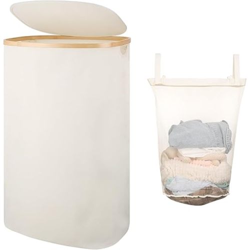 Laundry Hamper with Lid, 100L Clothes Hampers for Laundry with Bamboo Handles and A Removable Bag, Fordable laundry Basket with Lid for Bathroom, Bedroom, Dorm, Laundry Room