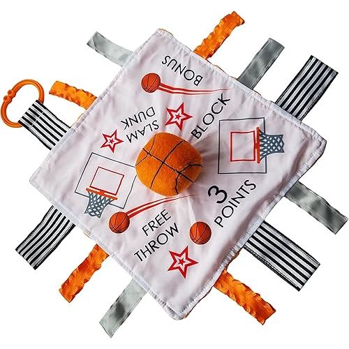Baby Jack & Co 10x10” Basketball Sports Lovey Sensory Plush Blanket - Tag Toy for Babies - Baby Stroller Toy - Learn Shapes, Letters & Colors - Baby Ball Toy & Baby Sports Gift w/Stroller Clip