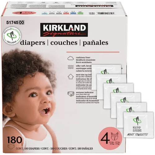 Kirkland Signature Diapers Size 4 (22 lbs - 37 lbs) 180 Count W/ Exclusive Health and Outdoors Wipes