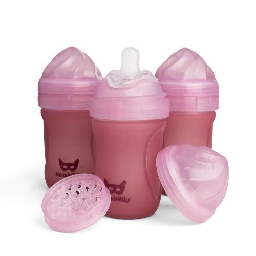Herobility Glass Bottle - 7 fl oz/220 ml - 3 Pack | W/ Medium Nipple - Rose Color