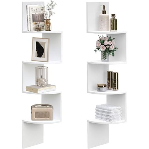 HOOBRO Corner Shelf Wall-Mounted, Set of 2 Floating Corner Shelves for Wall, 4-Tier Corner Bookshelves for Living Room, Bedroom, Bathroom, Home Office, White WT25BJP201