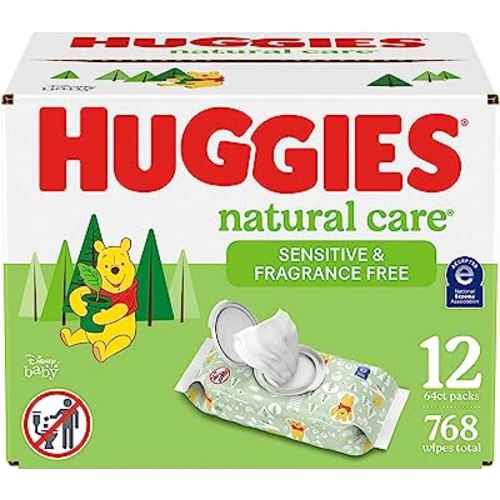 Huggies Natural Care Sensitive Baby Wipes, Unscented, Hypoallergenic, 99% Purified Water, 12 Flip-Top Packs (768 Wipes Total)