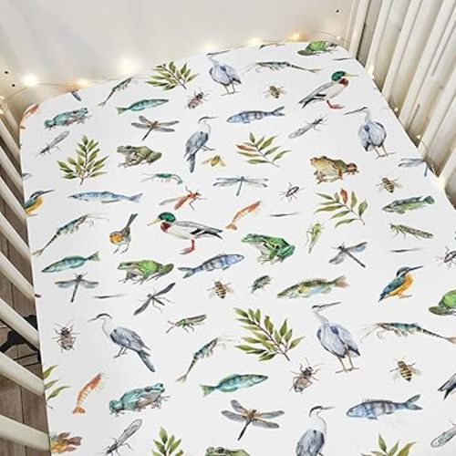 Outdoor Wildlife Pond Baby Crib Sheets for Boy Girl 52"x28" Mallard Duck Bird Frogs Fish Leaves Soft Snug Fitted Crib Mattress Cover Nature Landscape Baby Sheet for Standard Crib & Toddler Mattress