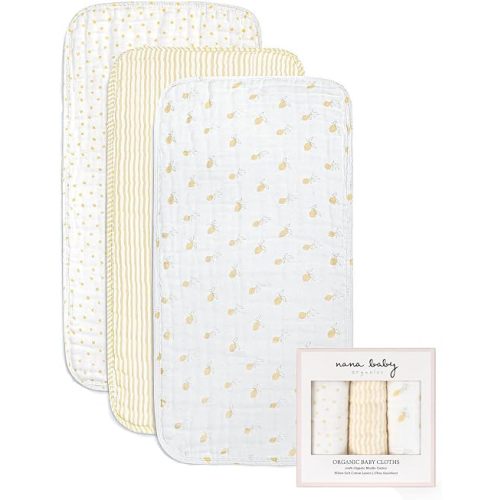 Nana Baby Burp Cloths – 100% Organic Cotton, Oversized & Hypoallergenic, 8-Layer Muslin, Machine Washable, Neutral Unisex Colors, Gentle on Sensitive Skin, Set of 3 (Yellow)