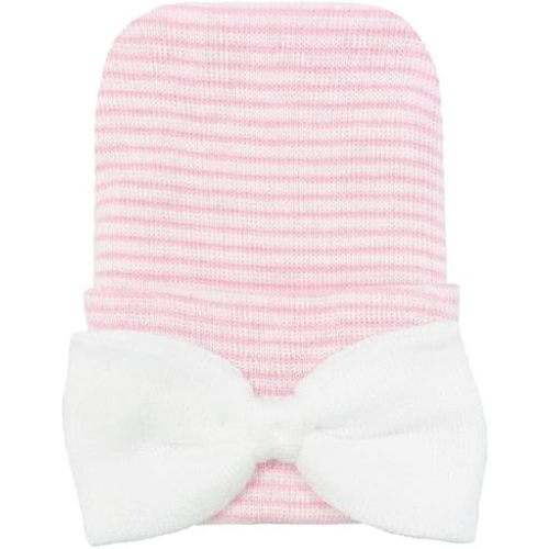 Nurses Choice Newborn Baby Girl Pink & White Bow Hospital Hat – Soft 2‑Ply Infant Beanie for Newborn Photos & Coming Home Outfits