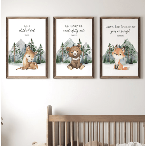 Baby Scripture Nursery Decor Wall Art Prints Woodland Prints, Forest Animal Prints Mountains Artwork Set of (3) UNFRAMED 13" by 19"