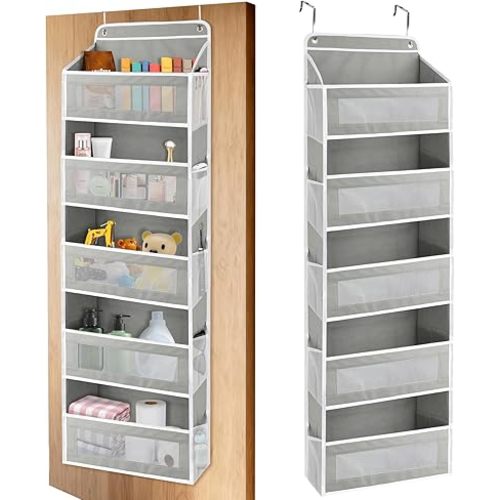 Over The Door Storage Organizer with 5 Extra Large Pockets & Side Mesh Pouches, Hanging Closet Door Organizer for Bedroom, Baby Nursery Storage, Anti-Tilt Design, Fits 1.6" Doors-Gray