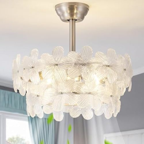 20" Crystal Fandelier Ceiling Fans with Lights, Silver Flower Chandelier Ceiling Fan with Light Remote Control, Morden Caged with 6 Speeds for Bedroom, Nursery, Living Room