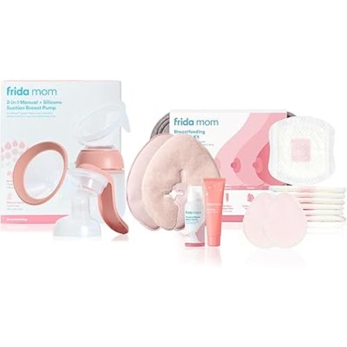 Frida Mom Breastfeeding Survival Kit and 2-in-1 Manual Breast Pump Bundle, 11pc Gift Set + Hands-Free Silicone Suction Cup Milk Collector and SoftFeel Flange for Breastfeeding
