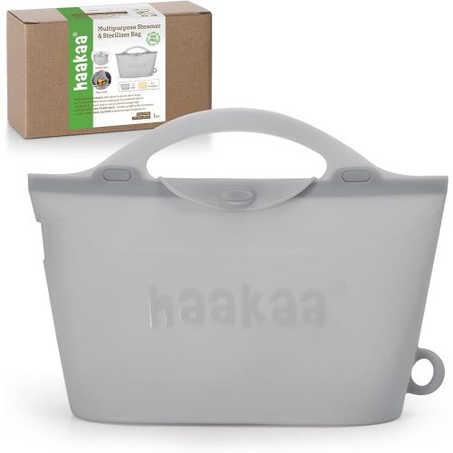 Haakaa Silicone Microwave Steamer & Steriliser Bag, 70oz/2000ml Large Capacity Reusable Steaming Bags for Baby Bottles, Breast Pump, Accessories, Pacifiers,Teethers, Great for Home&On The Go, Grey/1PC