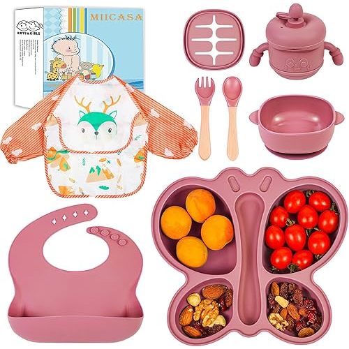 MIICASA Silicone Baby Feeding Set, Baby Led Weaning Supplies, Silicone Suction Butterfly Plate, Bowl, Spoons, Fork and Waterproof Bib & Cloth Bib, Eating Utensils Baby Feeding Essentials (Purple)