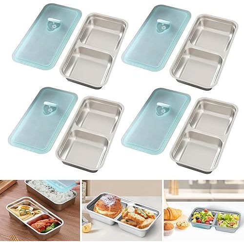 Grab and Go Snack Containers Reusable, 4pcs Stainless Steel Double Compartment Snack Containers, Dishwasher- Reusable Condiment Containers with Lids, Snacks Dips Takeout Travel and Back to School