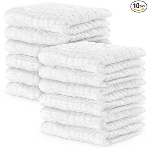 Comfy Cubs Muslin Baby Washcloths 10 Pack - Soft 6-Layer Cotton Wash Cloths for Sensitive Skin - 10"x10" Large, Gentle, Absorbent Infant Essentials for Newborn and Toddlers - White