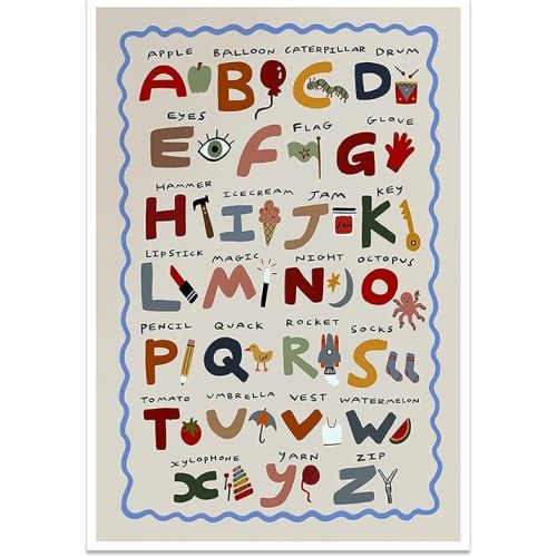 Cute First Illustration Alphabet Learning Canvas Print Posters Eclectic Nursery Wall Art Funny Boho Kids Educational Abc Chart Colorful Decor Picture for Toddlers Classroom Playroom 12x16inch Unframed
