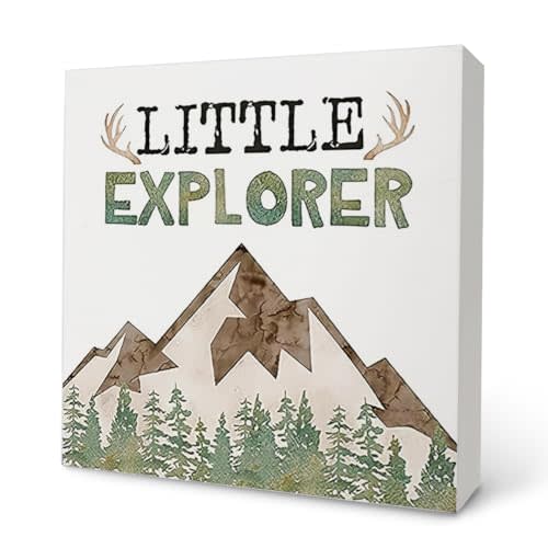 Knibeo Forest Wooden Box Sign - Forest Nursery Decor, 5x5 Inch Little Explorer Wooden Sign,Log Cabin Boys Room Decor