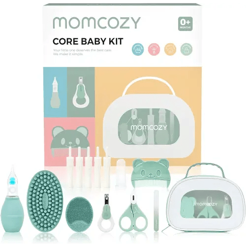Momcozy Core Baby Kit, Baby Shower & Registry Essential Kit for Grooming&Health&Cleansing Care, Includes Nail File Kits, Nasal Aspirator, Gas Relief Tubes, Bath Brushes, Toothbrush, Comb, Storage Case