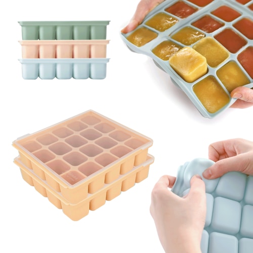 Petinube Flexible Silicone Freezer Tray 20 Cubes, 16.91 fl. oz / 0.84 fl. oz - BPA-Free, Stackable Ice Tray with Clip-on Lid, Multifunctional Ice Cube Molds, Sand Beige Set
