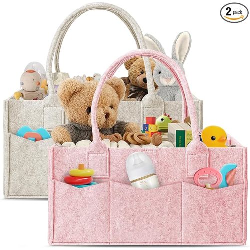 HIPHOP PANDA 2-Pack Diaper Caddy Organizer - Nursery Storage Bin & Car Organizer for Diapers, Wipes, and Baby Essentials - Dual-Color Solid Set (Pink/Oatmeal), Regular Size