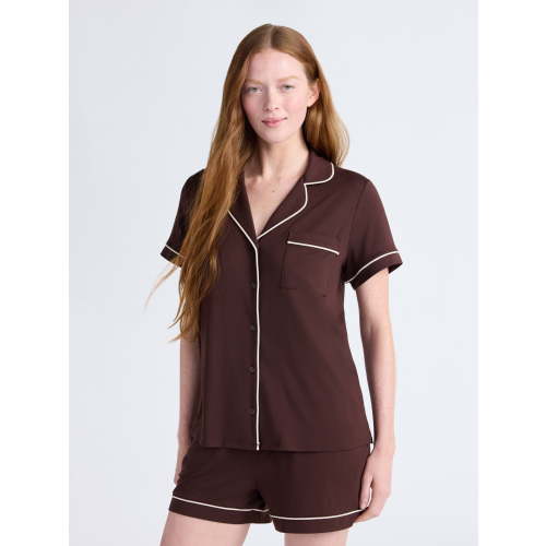 Joyspun Women’s Dreamy Soft Collection Notch Collar Knit Top and Boxer Shorts Pajama Set, Sizes XS-3X