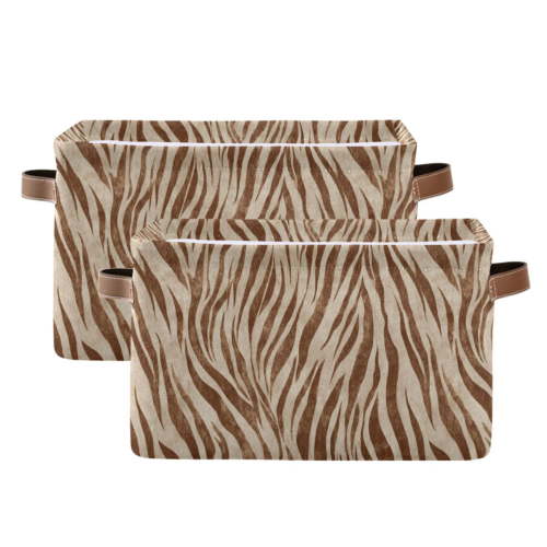 2-Pack Square Closet Organizers with Handles Open Basket Bins Brown Animal Stripes Storage Basket for Home Office