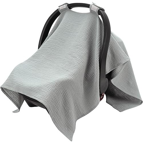 SERAPHY 100% Muslin Cotton Car Seat Covers for Babies, Universal Baby Car Seat Cover, Breathable Muslin Canopy for Summer - Grey