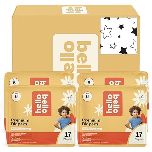 Hello Bello Diapers, Size 6 (35+ lbs) Superstars - 68 Count Value Pack of Premium Disposable Baby Diapers, Hypoallergenic with Soft, Cloth-Like Feel