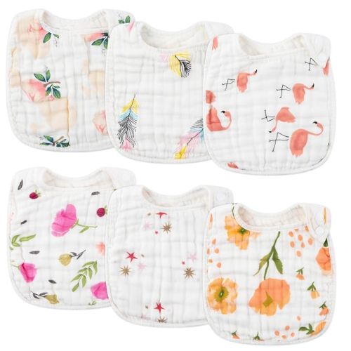 6Pcs Snap Muslin Cotton Bibs for Baby, Flamingo Star Flower Machine Washable Adjustable Burp Cloths with 6 Absorbent Soft Layers for Infant Newborn Toddler Drooling Feeding and Teething