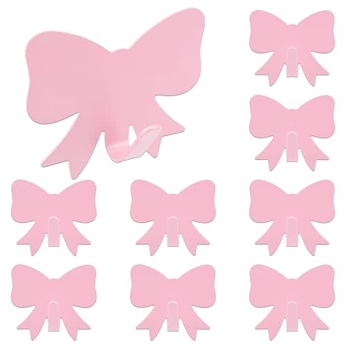 DueHoppee Bow Knot Wall Hooks, 8-Pack Cute Stainless Steel Decor Hangers, Bow Organizer for Girls, Sturdy Adhesive Hook for Hanging Keys, Bags, Hats, Towels, Clothes (Light Pink)