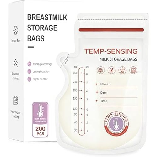 200Pcs Temp-Sensing Breast Milk Storage Bags- 250ml Milk Storage Bags for Breastfeeding with Pour Spout | BPA Free No-Leak