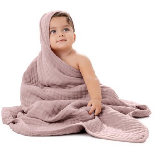 Comfy Cubs Hooded Baby Towels - 6 Layer, 100% Muslin Cotton - Large 32 x 32 Inch, Unisex, Mauve