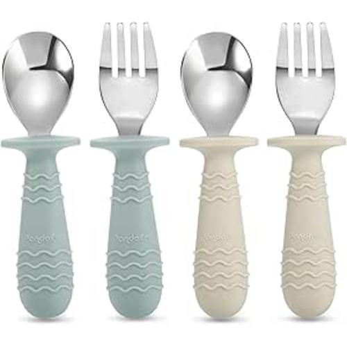 PandaEar 4 Set Baby Toddler Silicone Stainless Steel Utensils Silverware Spoon Fork for Baby Toddler BPA Free with Silicone Holding Anti-Choke Design
