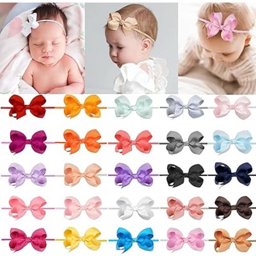 CellElection 25 Colors Baby Girls Headbands 3Inch Grosgrain Ribbon Small Hair Bows Nylon Headbands Soft Stretch Nylon Hairbands Elastics for Newborns Infants Toddlers Kids Children